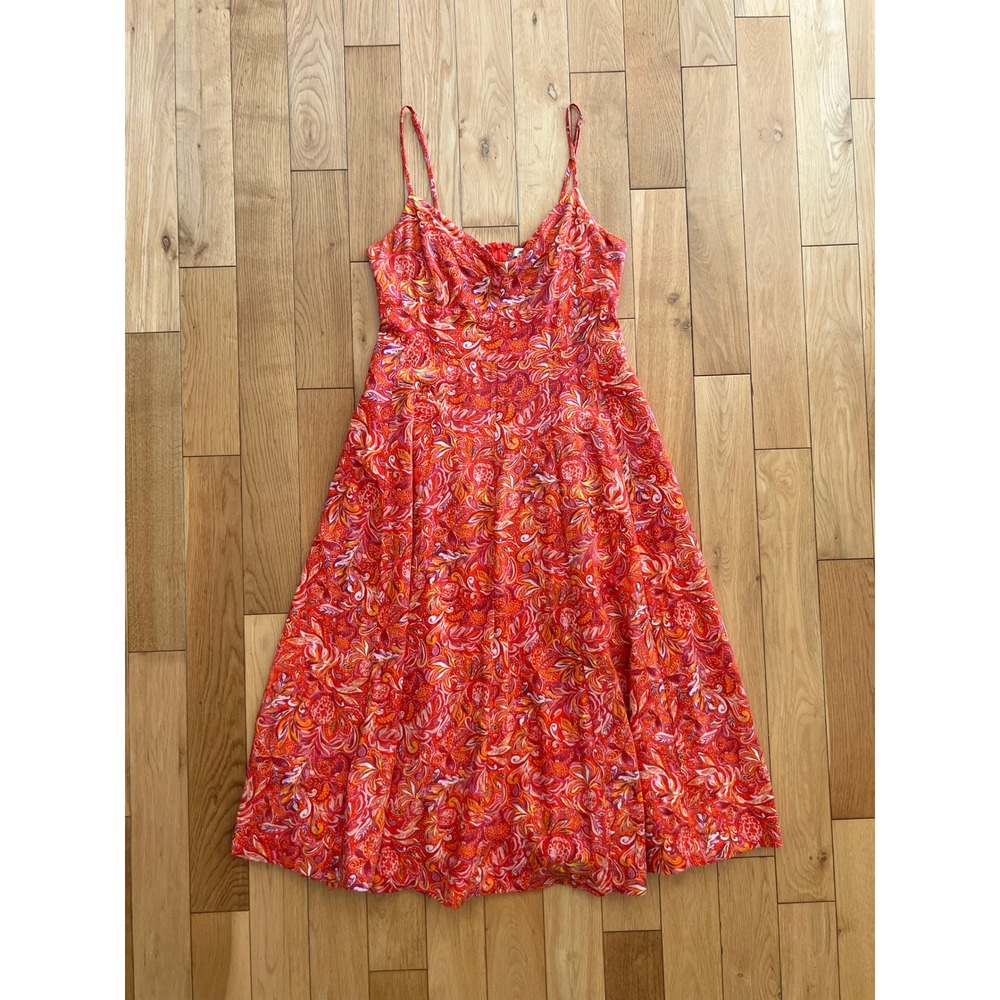 Jason Wu Linen Blend Paisley Floral Print Midi Dress Red Orange Size M
